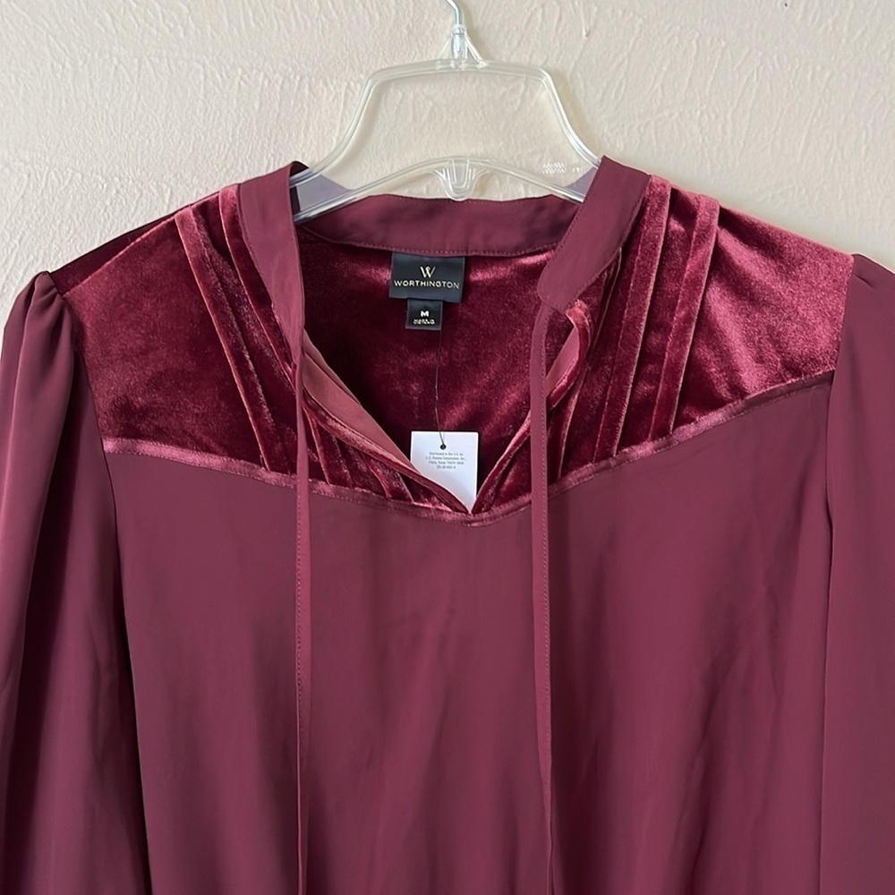 NWT Worthington Blouse Red Velvet Long Bell Sleeves Elastic Waist Size Medium - Picture 2 of 16